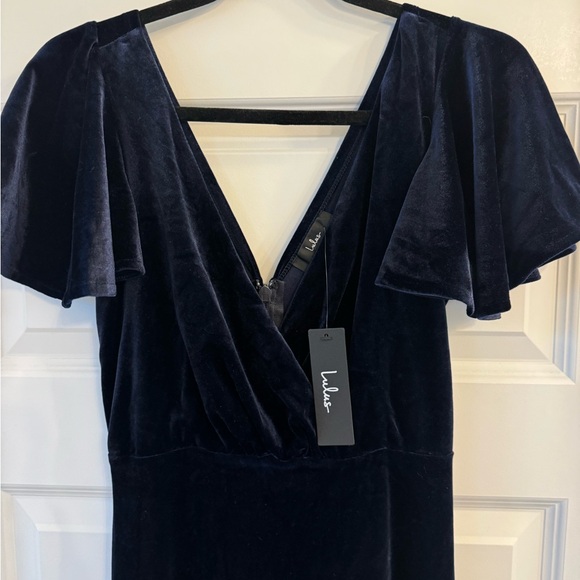 Blue velvet v neck dress - Picture 2 of 2